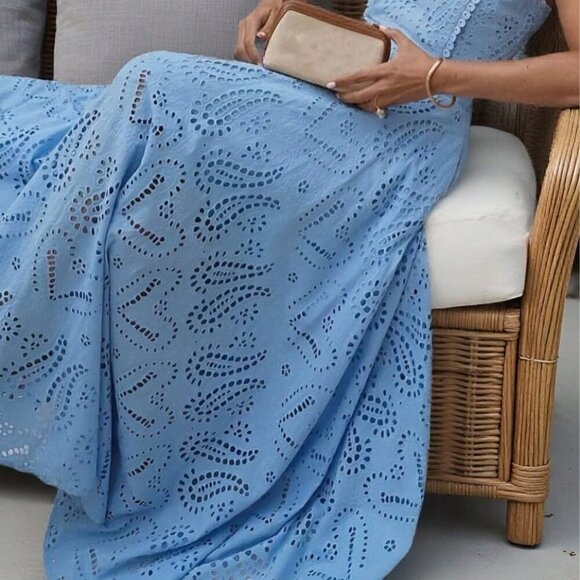 Blue Elegant Women's Floral Hollow Out Full Embroidery A-Line Maxi Skirt - Picture 5 of 11